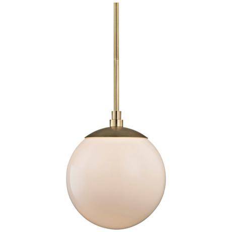 A gold and white round hanging pendant lamp.