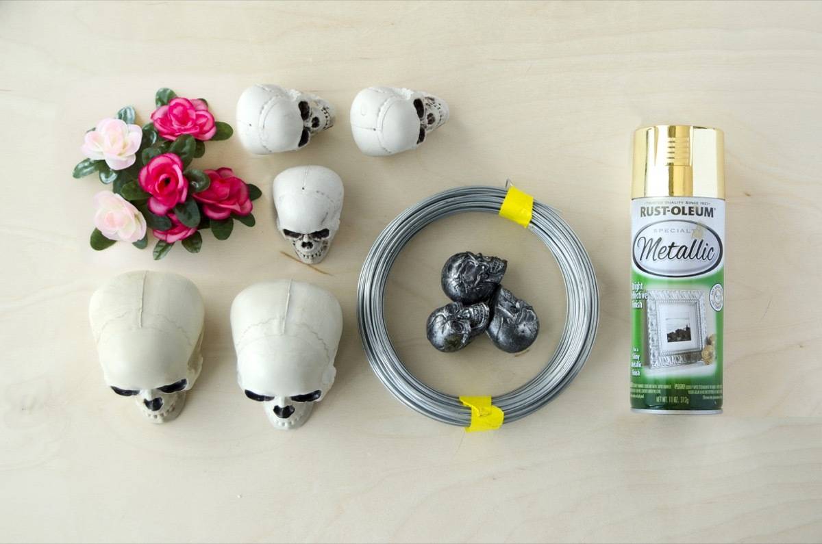 Materials for a glam skull Halloween wreath