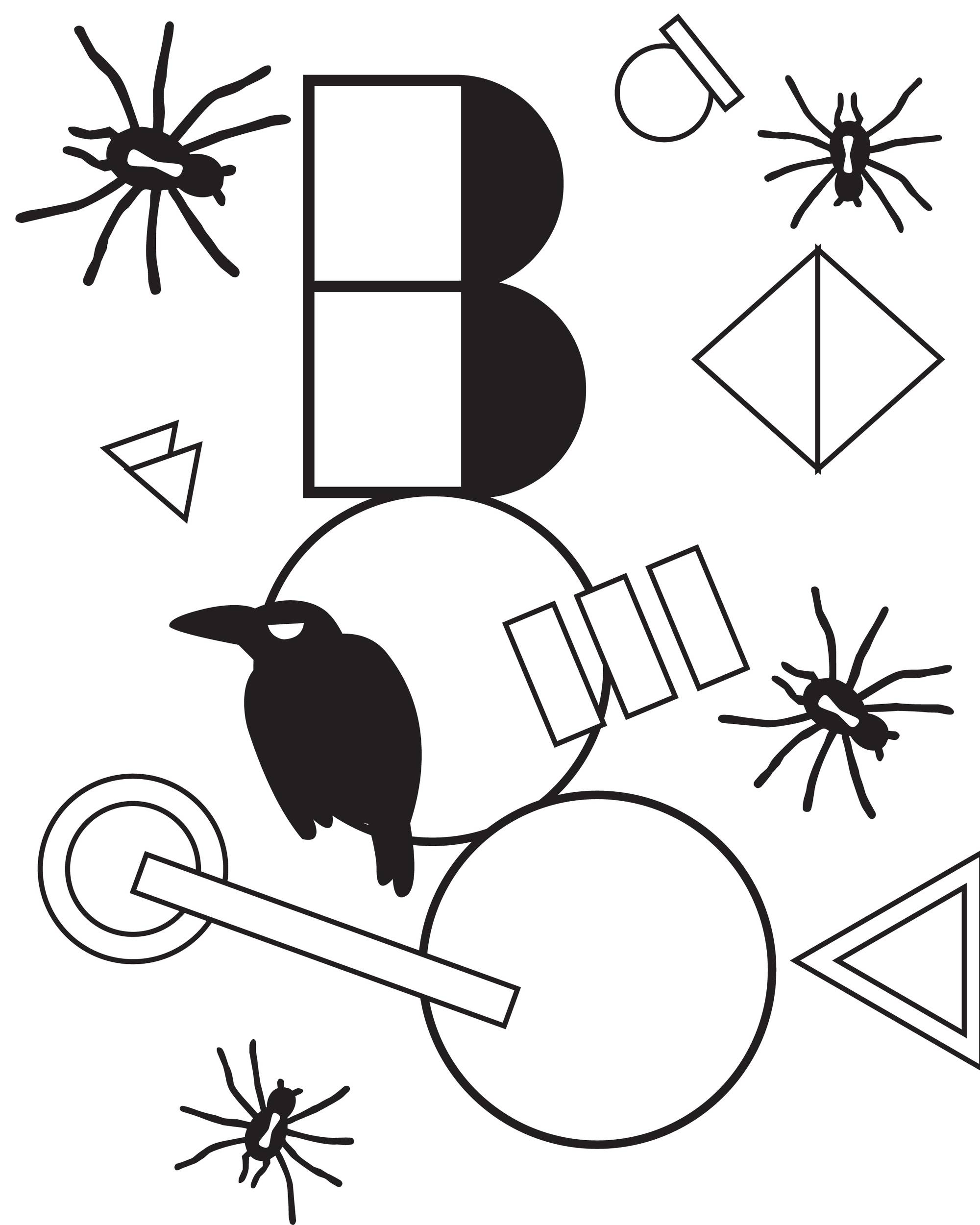 A black and white drawing uses different shapes and has crows and spiders in it.