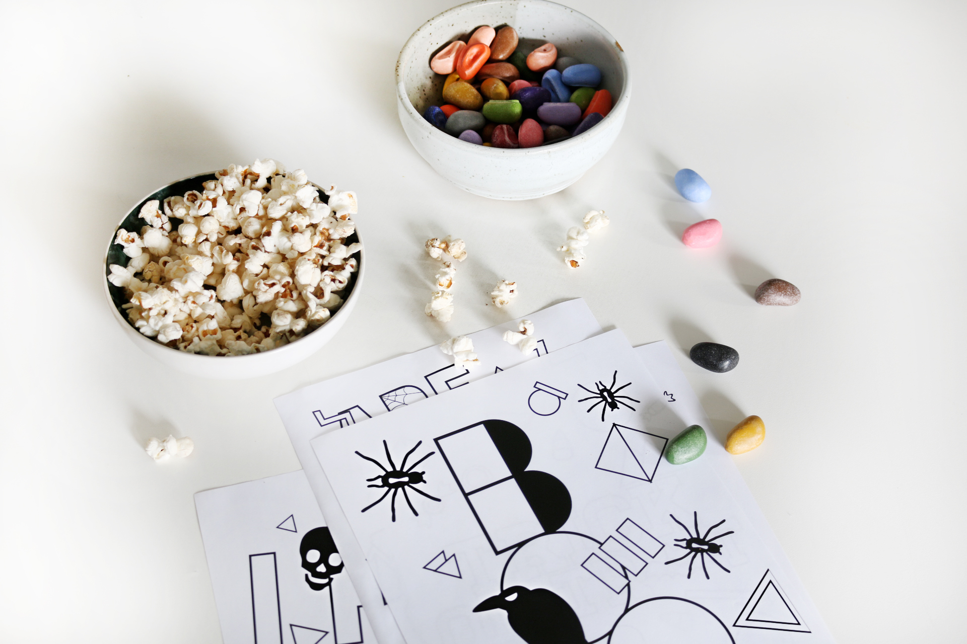 popcorn and candy along with black and white painting
