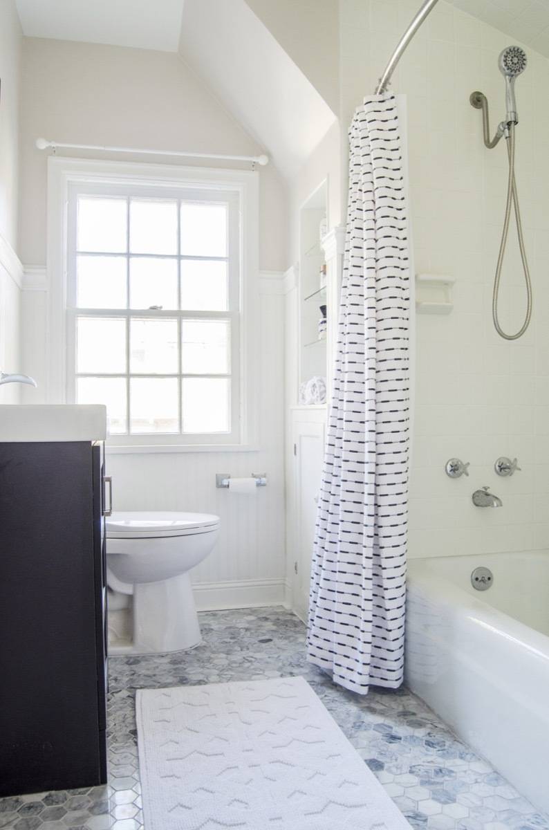 Curbly House bathroom, after, wide shot, black and white color palette
