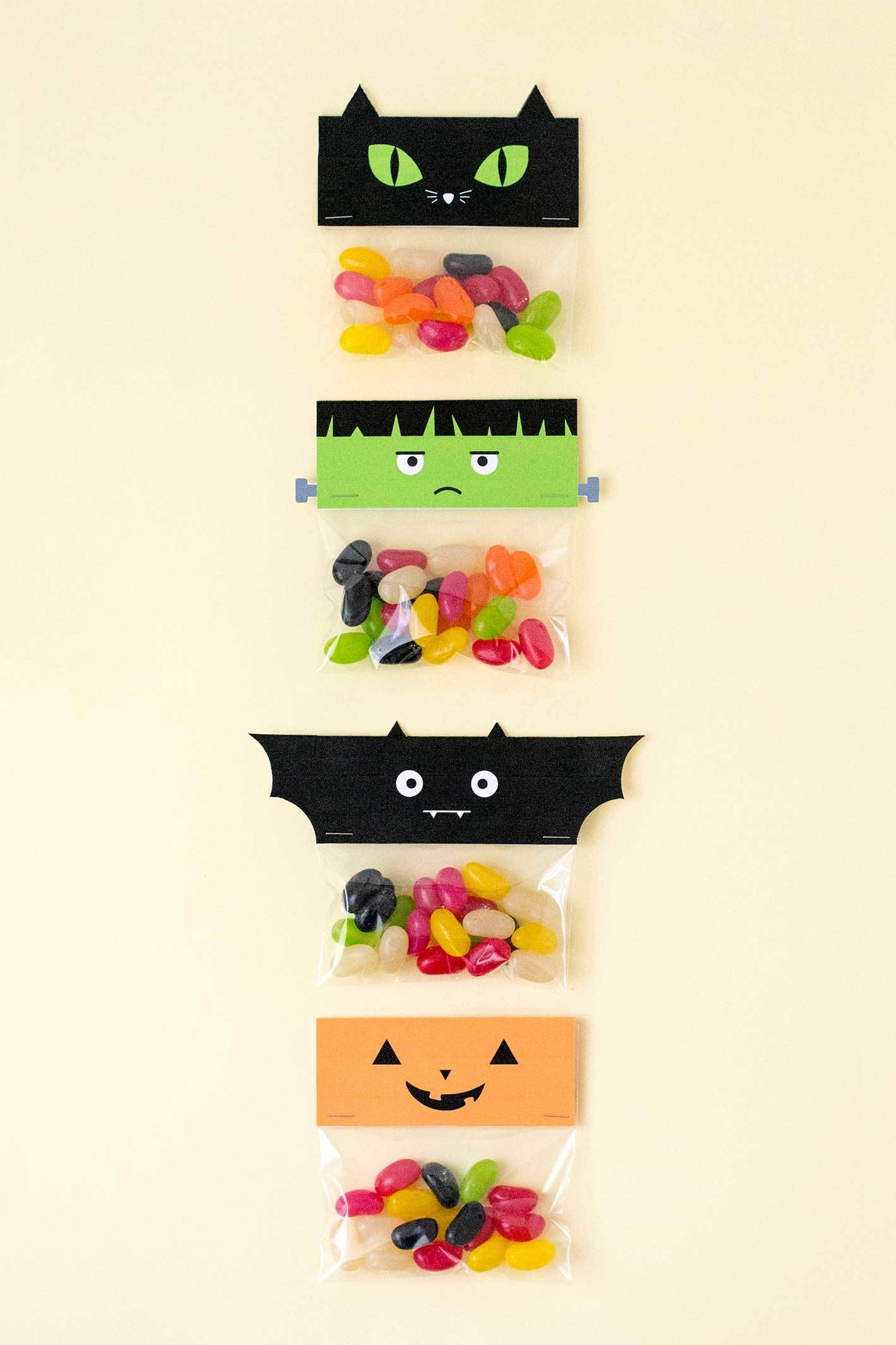 Halloween candies are packed on the treat bag.