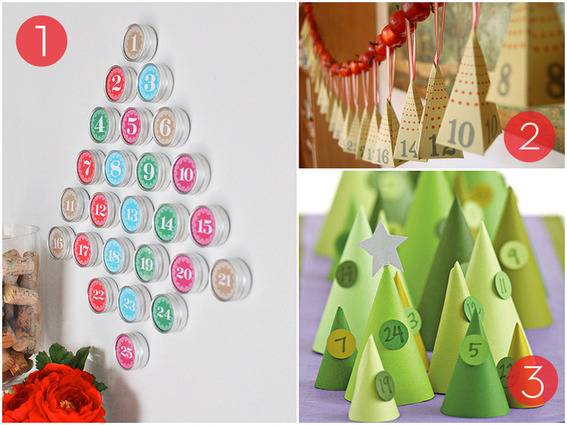 Decorative pieces are forming Christmas trees in different ways.