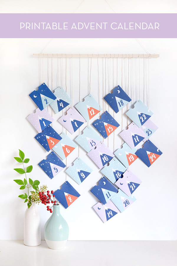 Paper printable advent calendar with mountains and stars