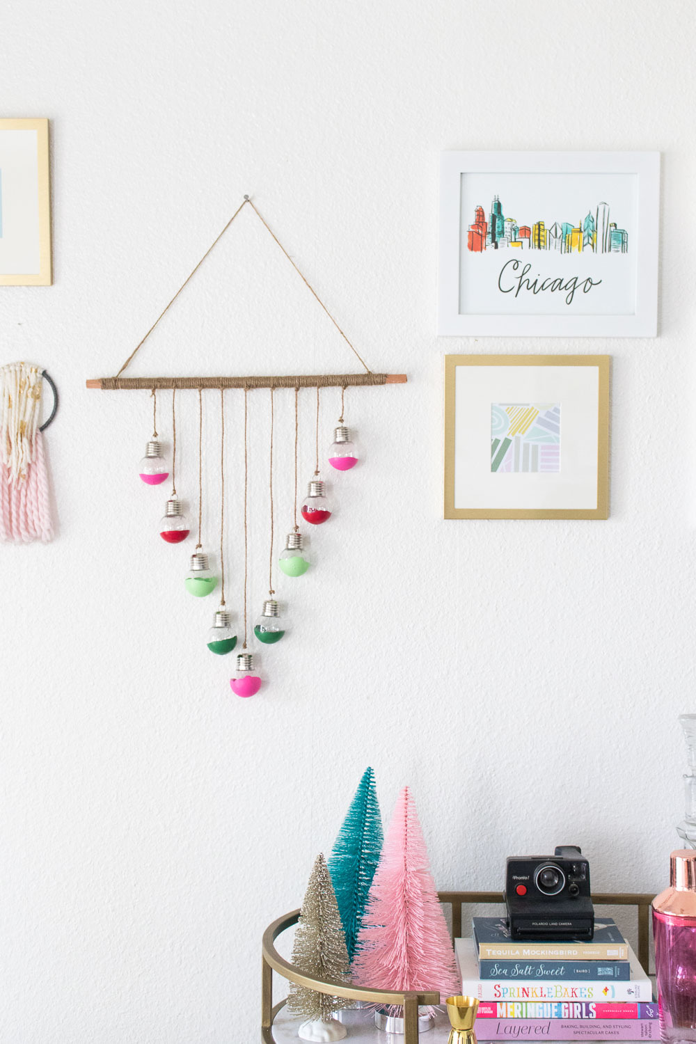 Decorations on a table in a white room.