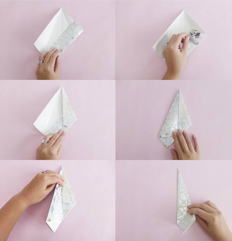 DIY instructions shown step by step ,how to make an origami paper boat.