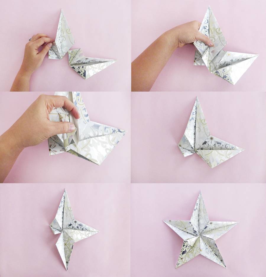 A person preparing origami star with paper step by step.