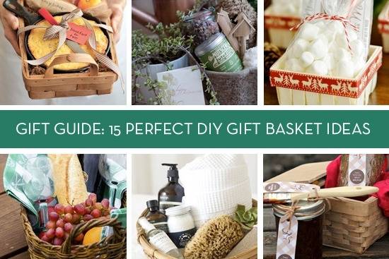 Holiday gifts including shower products, a bag of food and a basket of fruits
