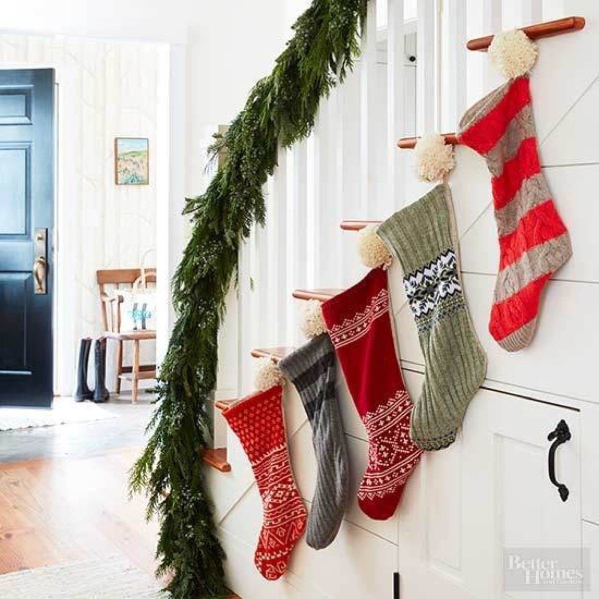 Christmas stockings on a stairwell