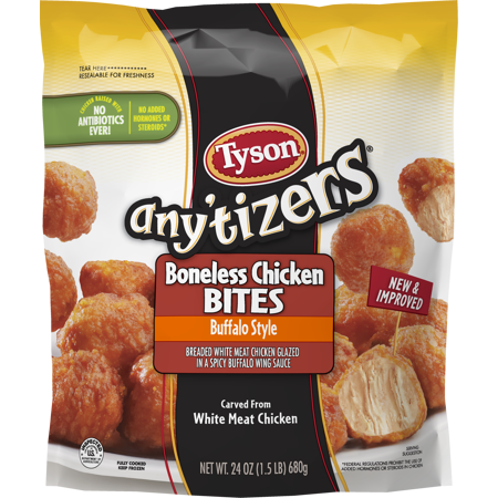 A bag of Tyson boneless chicken bites has a picture of the food product on the front.