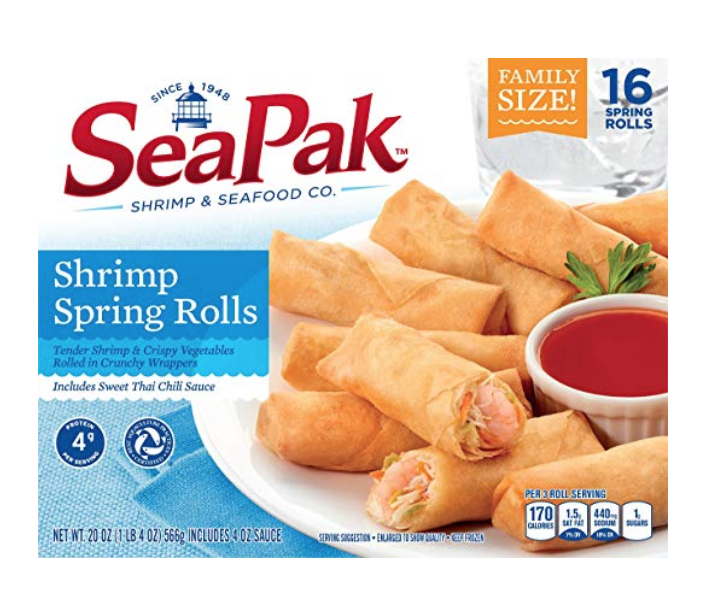 Front view of a food package showing shrimp spring rolls with tomato sauce in a bowl.