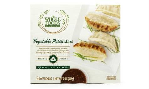 A box of Whole Foods brand vegetable potstickers.