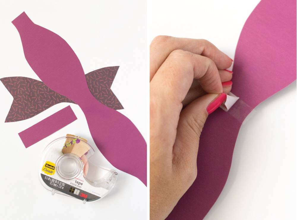 A person is peeling tape off of a purple pattern.
