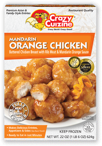 A box of Crazy Cuizine Mandarin orange chicken with a plate of orange chicken on the front.