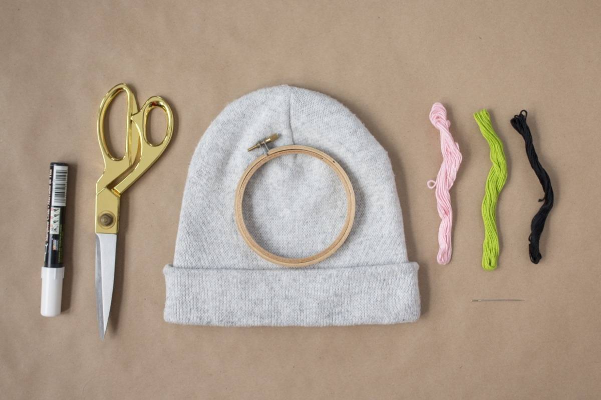 Materials needed for an embroidered beanie