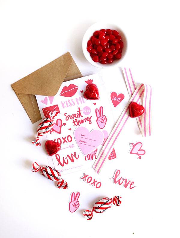 Valentine’s day card and candy treats.