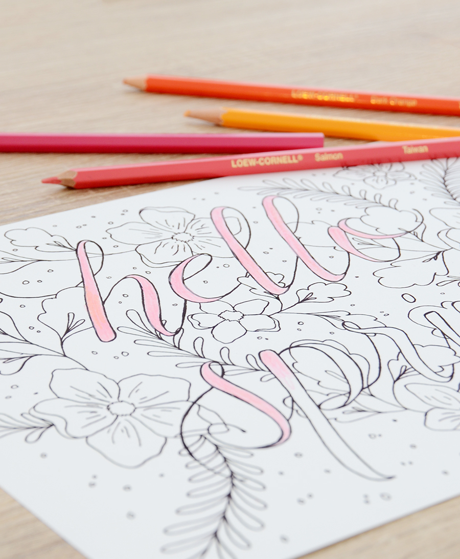Adult coloring page with color pencils.