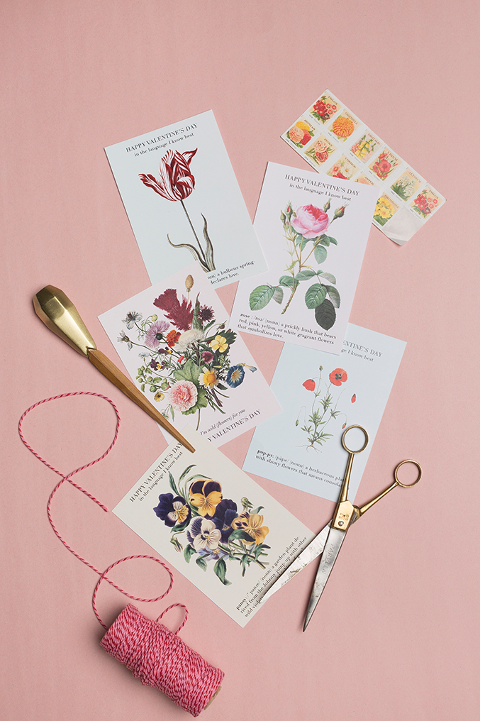 A selection of colorful floral images on a pink surface with scissors, a brush and pink yarn nearby.