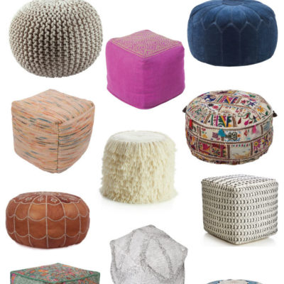 Different shaped and colorful poufs.