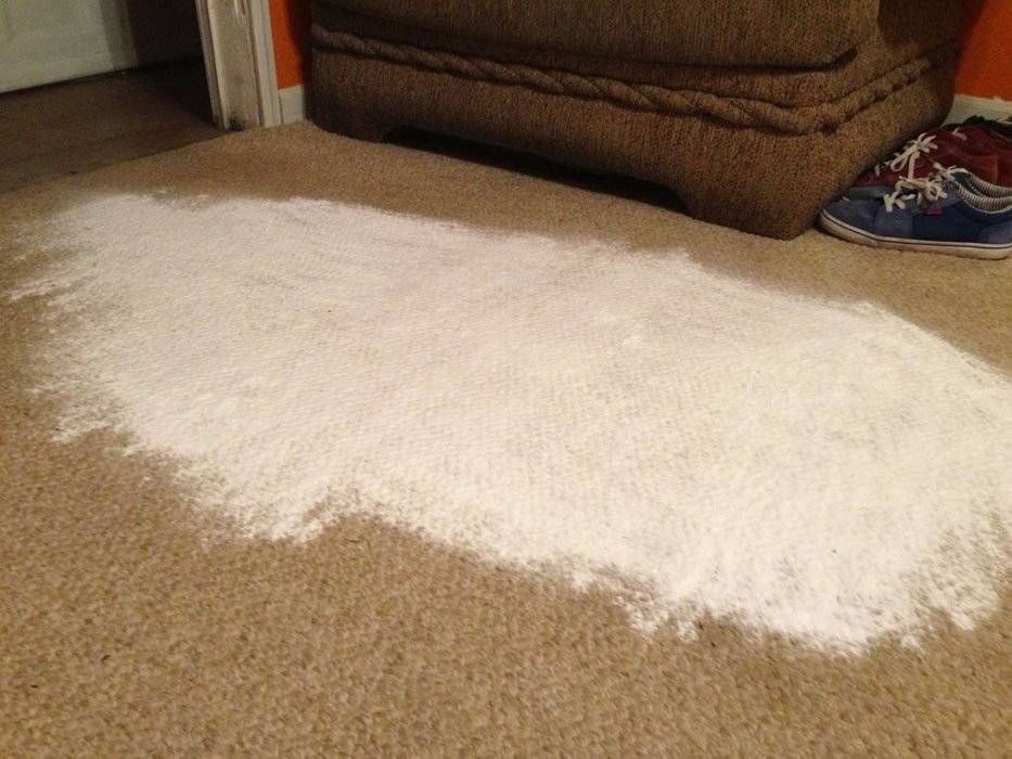 A large splotch of white powdery substance spilled on a tan carpet by a brown couch.