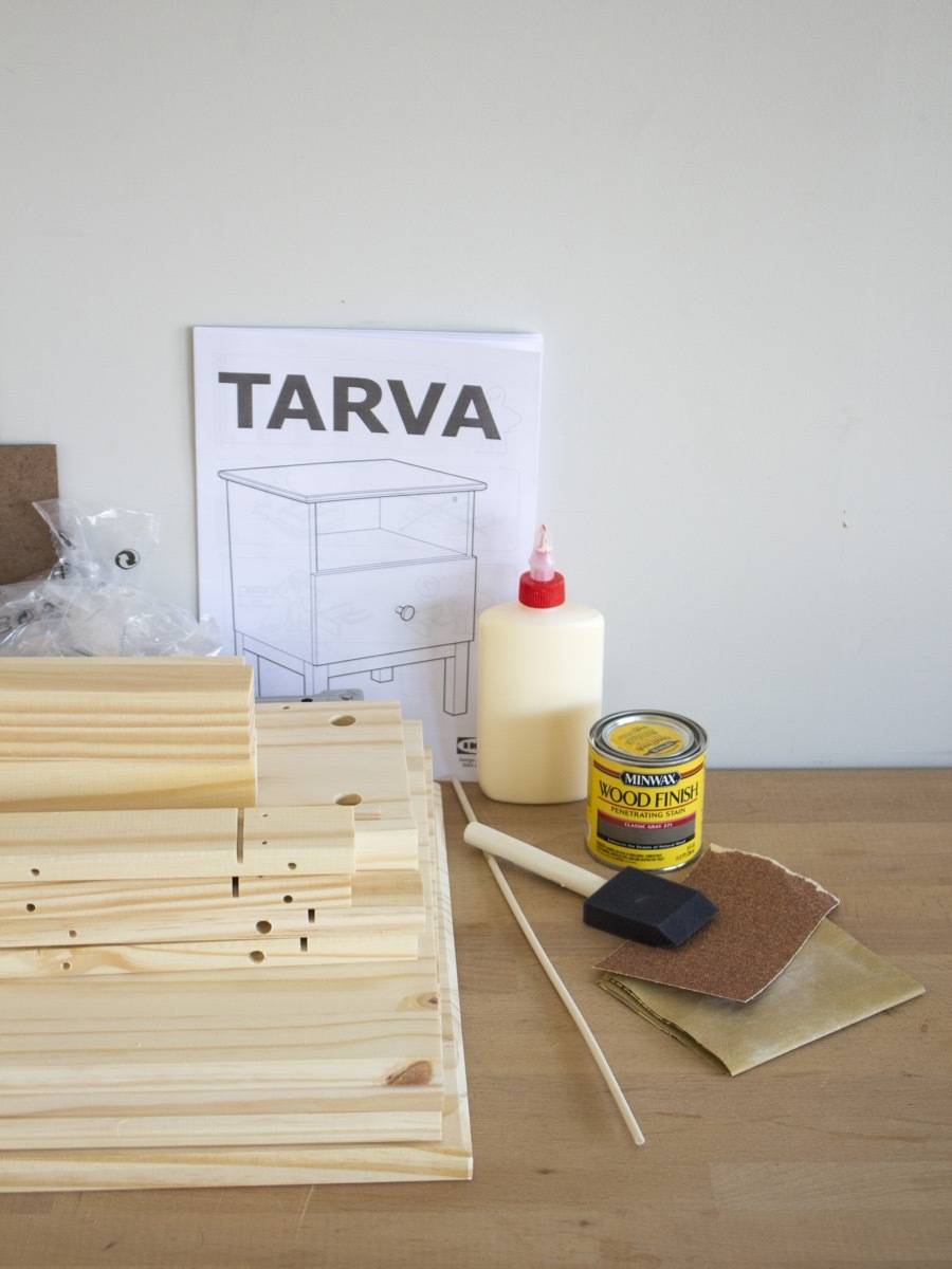 Materials needed for this IKEA nightstand hack, Tarva edition 2.0
