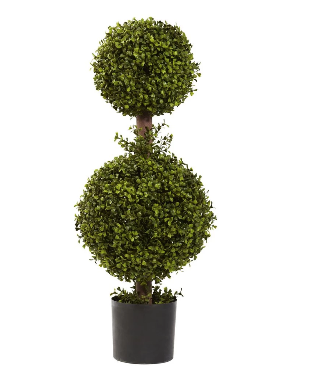 A tree with two balls of leaves is in a grey pot.