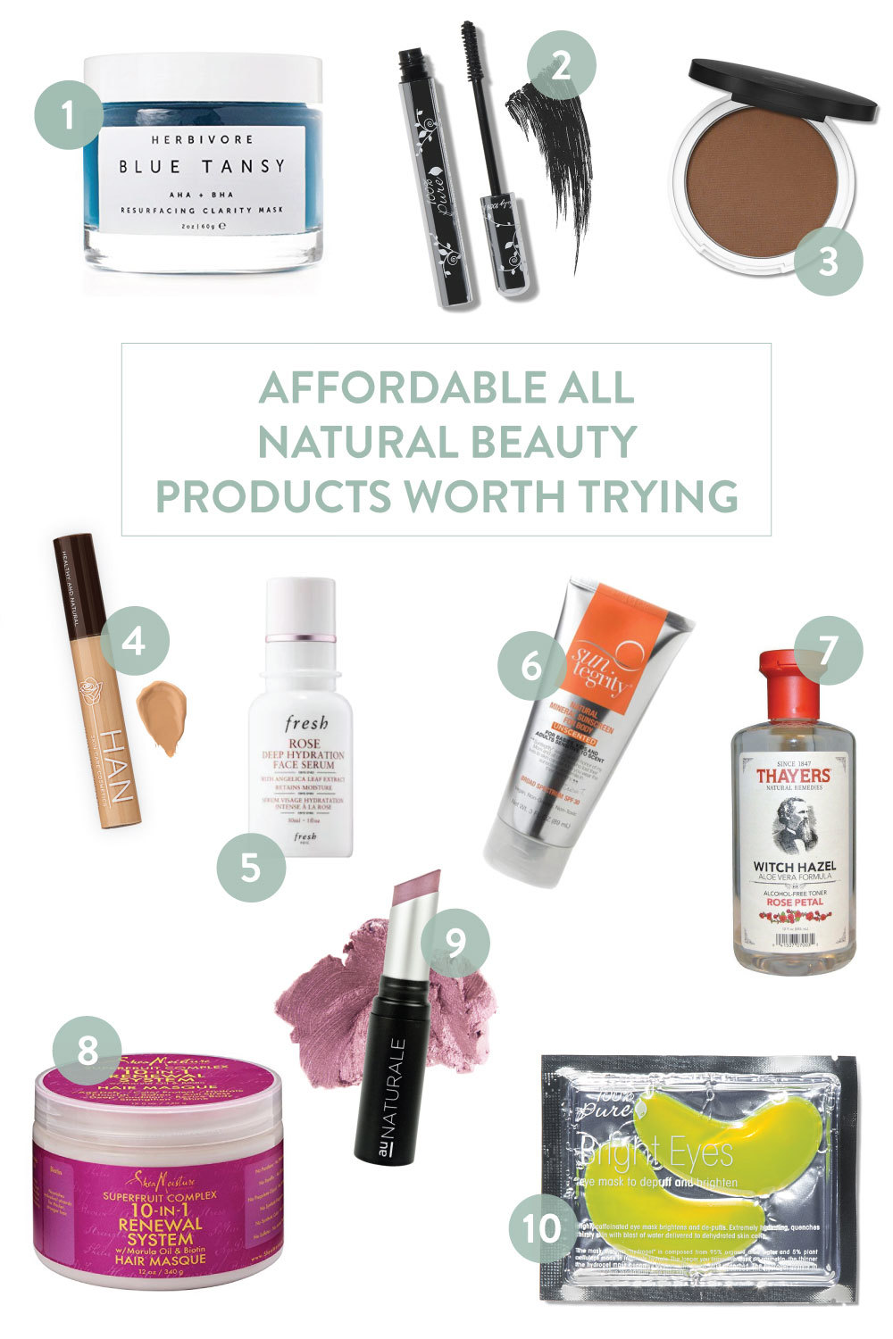 An assortment of natural beauty products including mascara, blush, concealer, lipstick, facewash, cleanser, lotion and a banana mask.