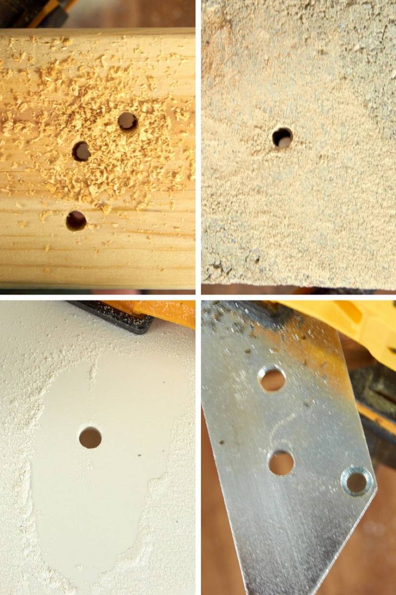 Three holes in a 2x4, one hole in a piece of particle board, one hole in a piece of pvc pipe, three holes in a piece of steel.