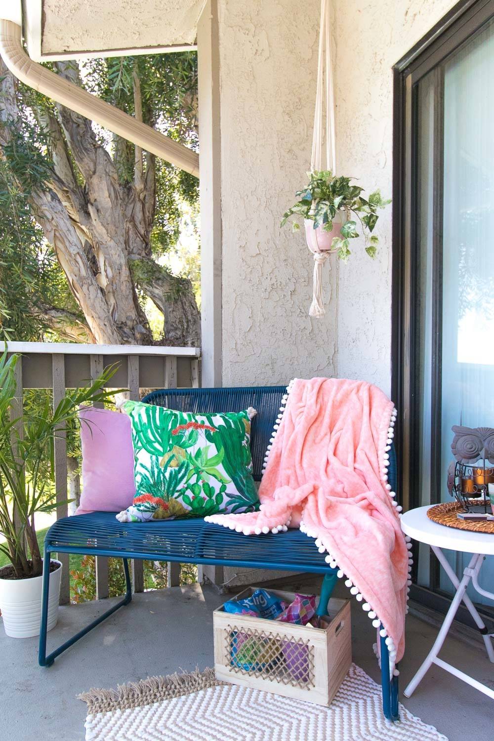 A tiny porch with seating.