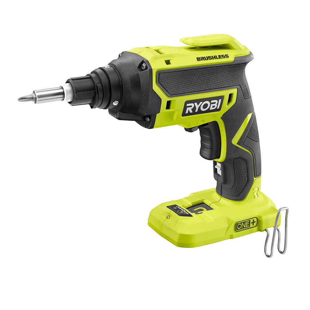 Black and yellow power drill standing on its base.