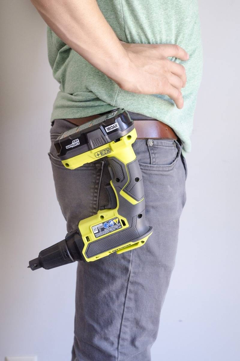 The Ryobi drywall screw gun with belt clip