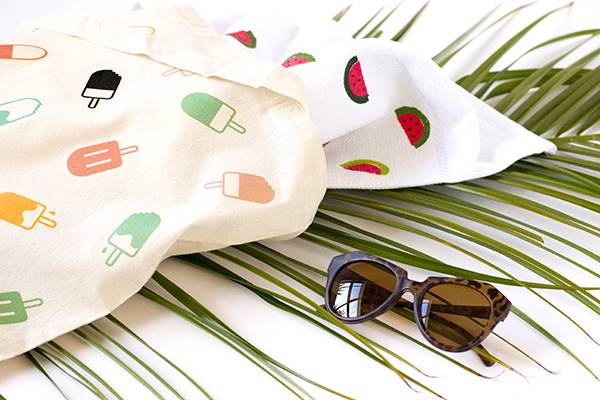Detail shot of popsicle tote and watermelon towel