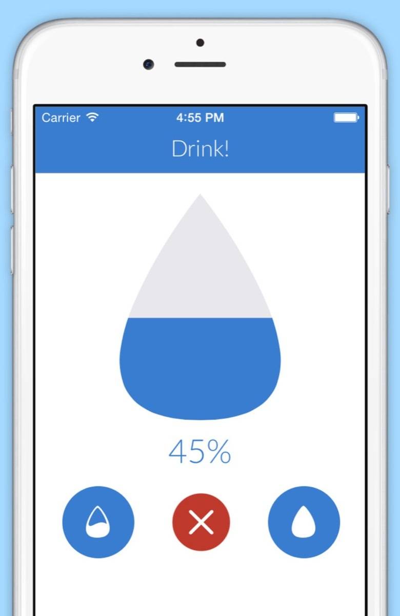A cell phone shows an app with a water drop at 45%.