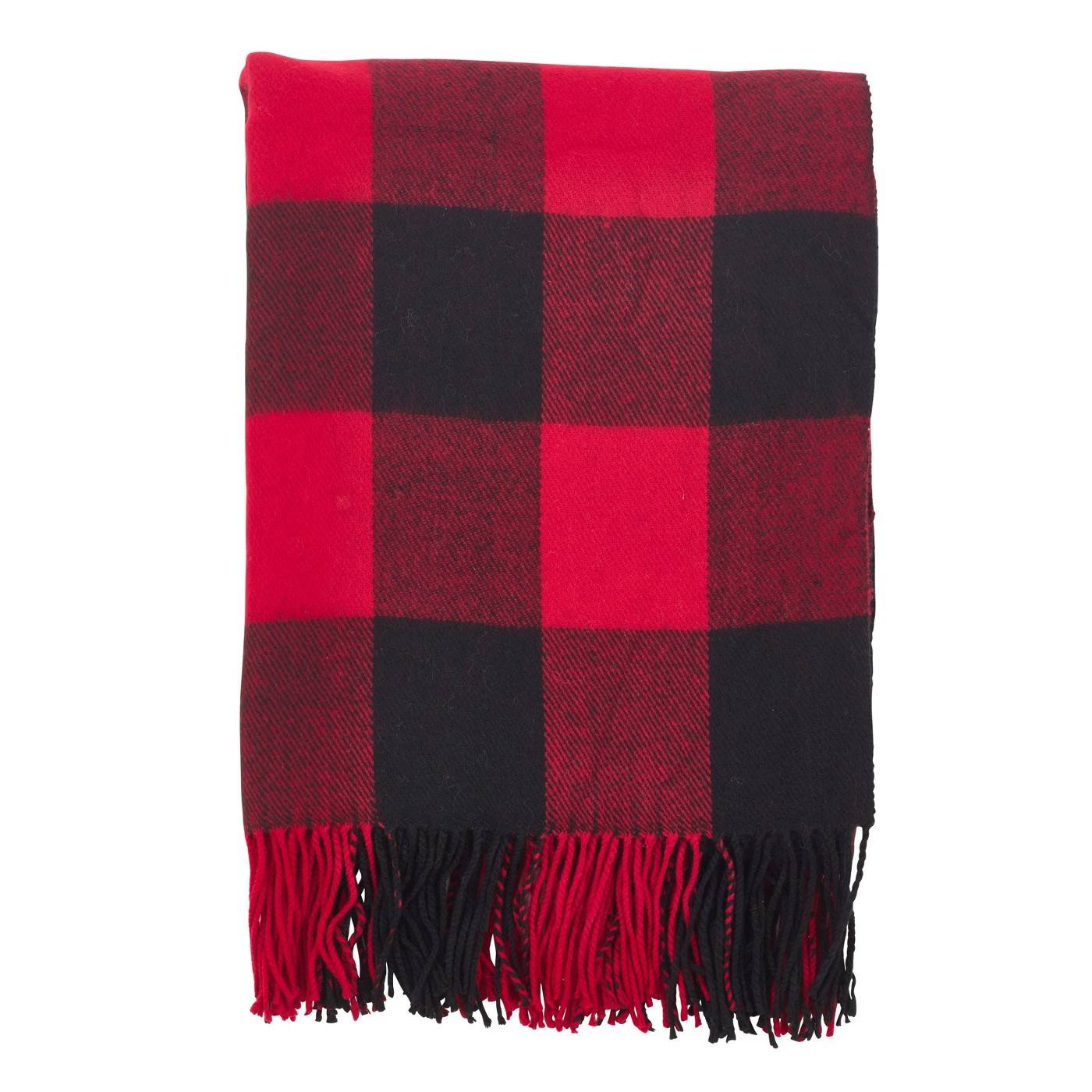Folded black and red checkered blanket with fringe.