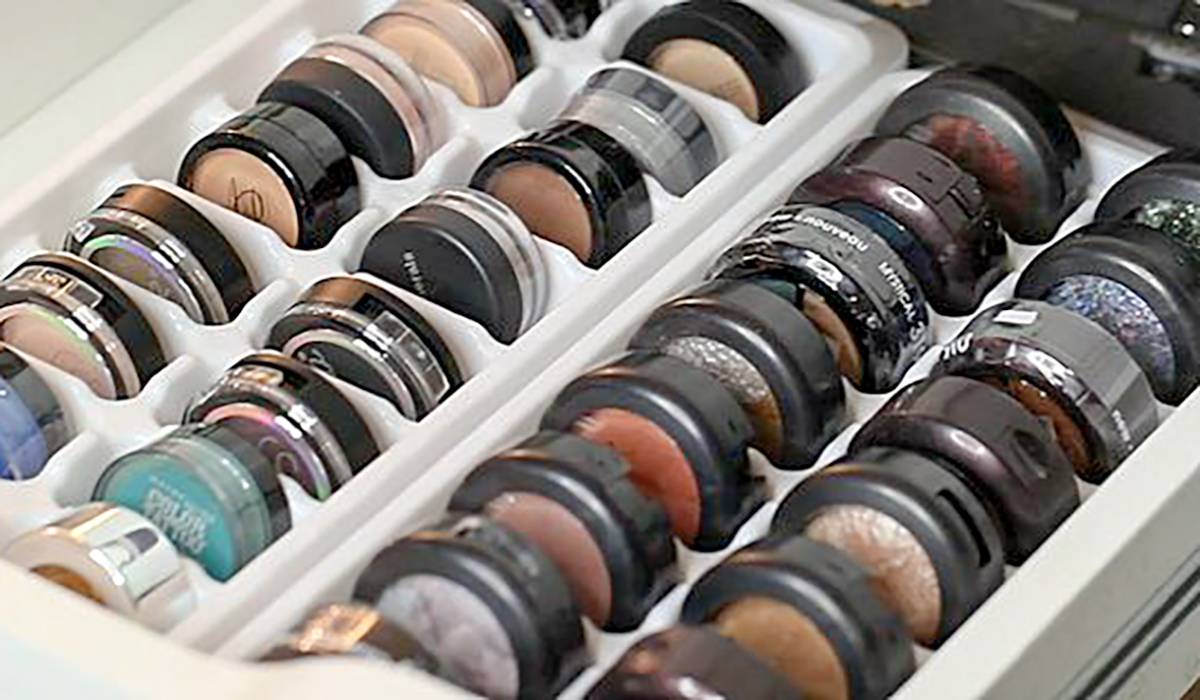 Eye makeup organized in an ice cube tray