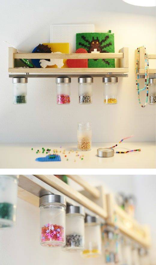 Store beads in jars attached to a magnetic knife strip