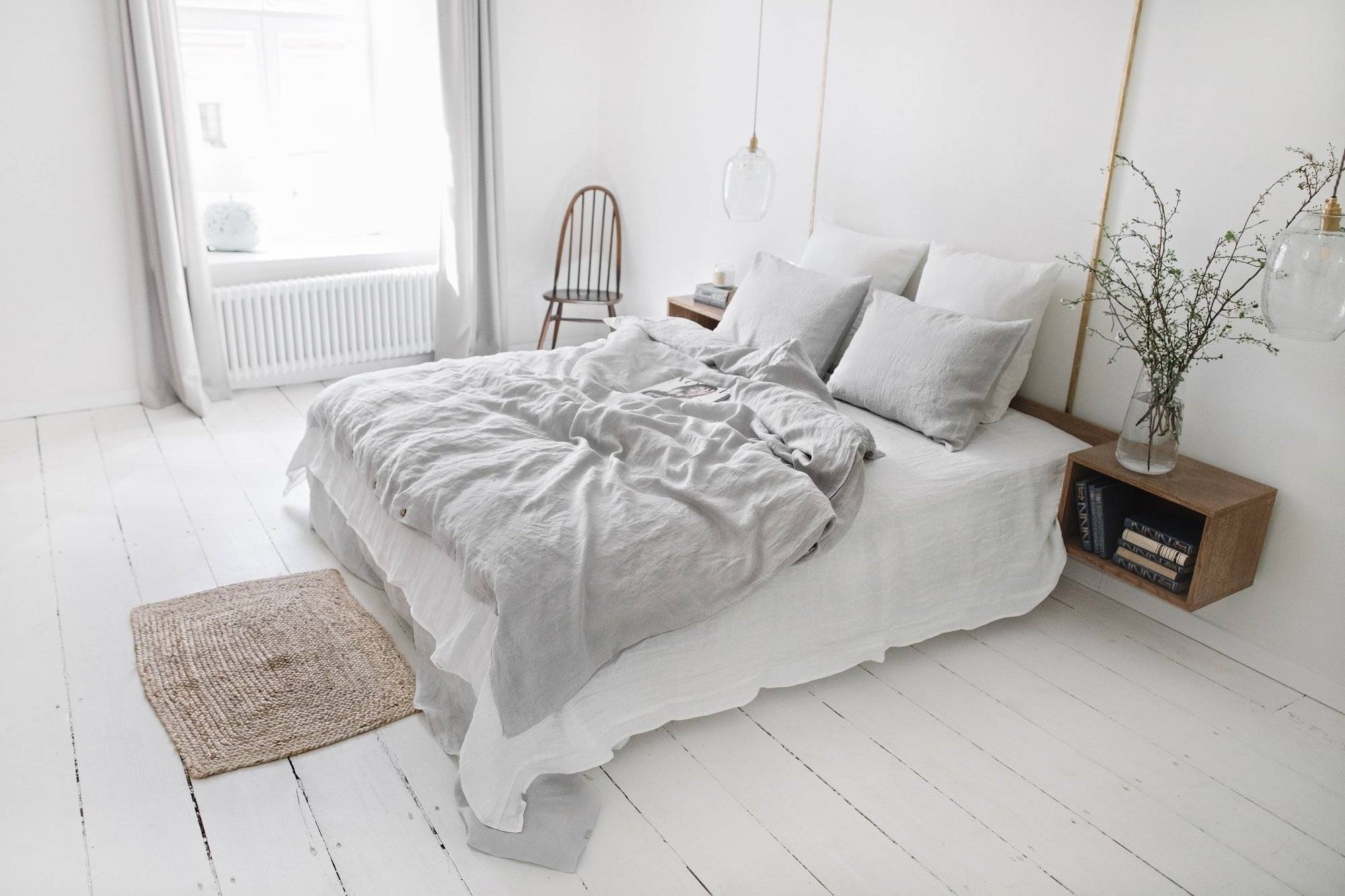 Rumpled linen bedding is a Scandinavian style staple