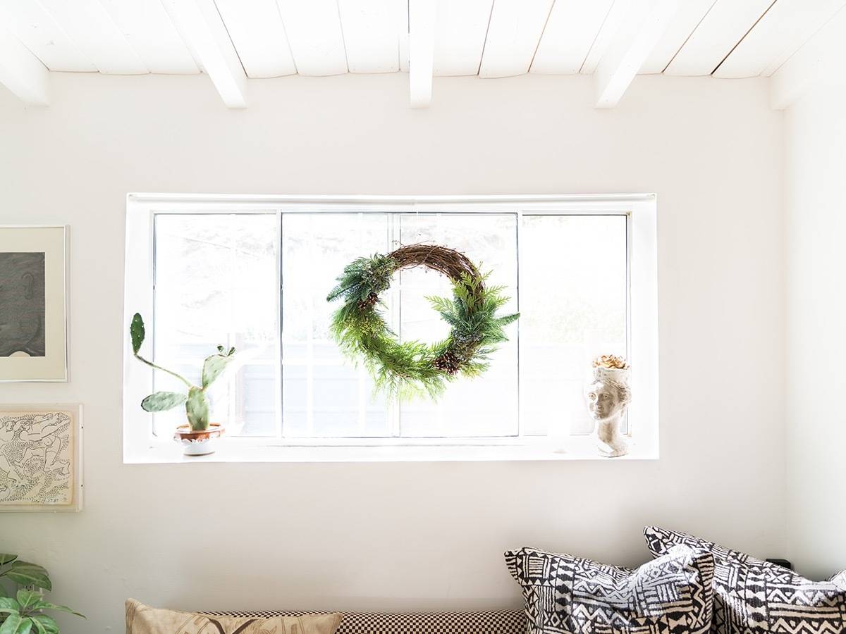 Wreath hanging in window