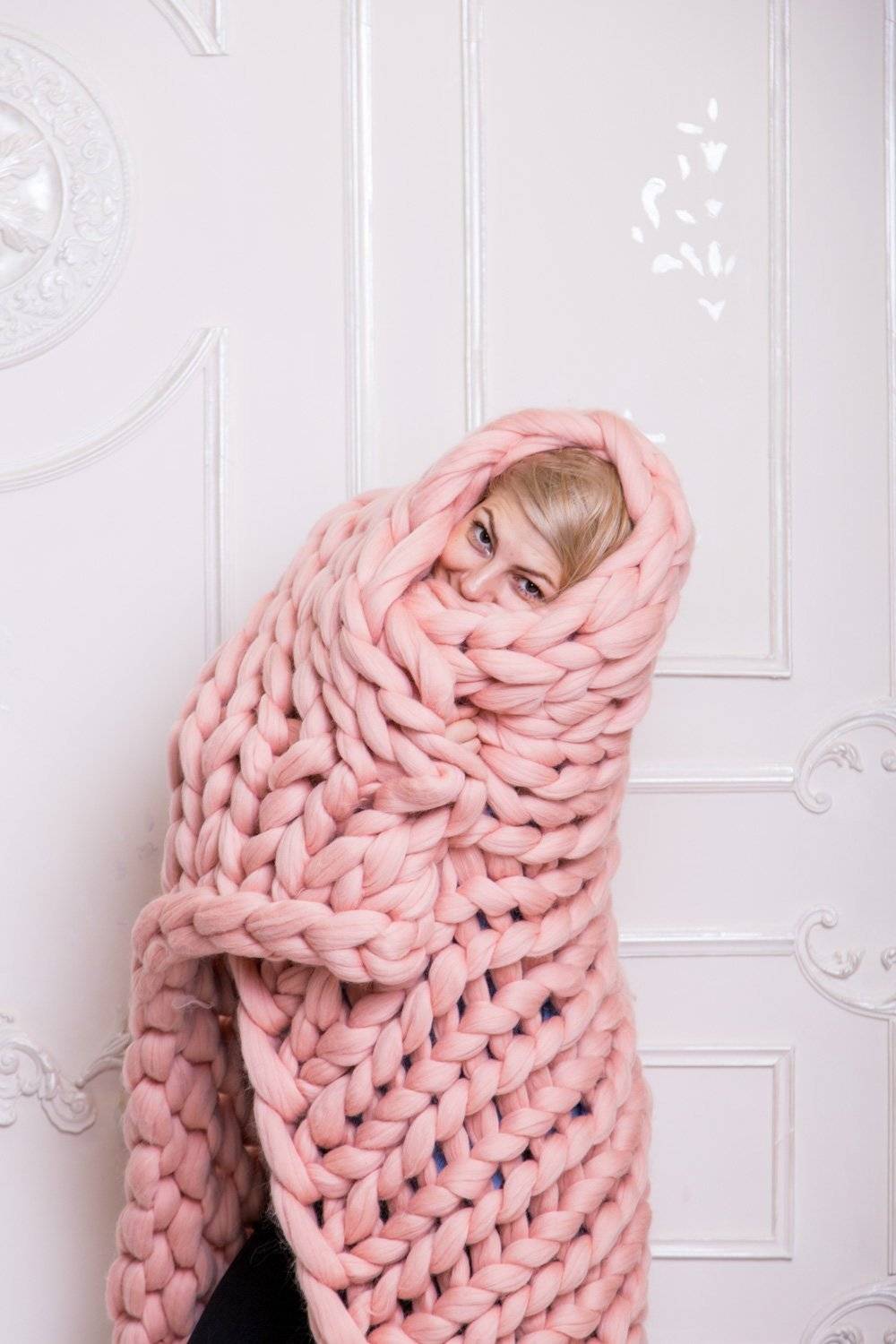 Pink super chunky knit throw blanket