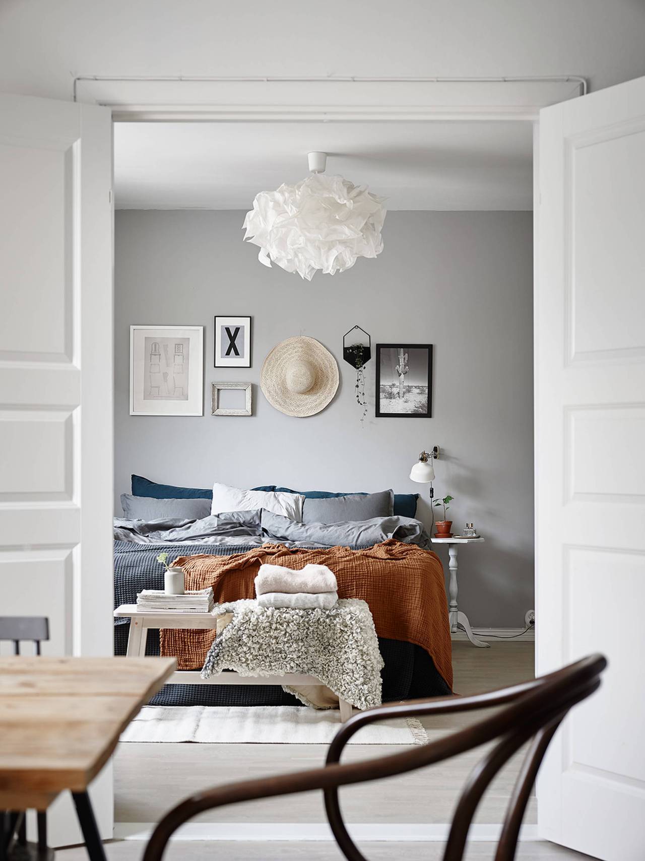 bright gray bedroom with vintage details