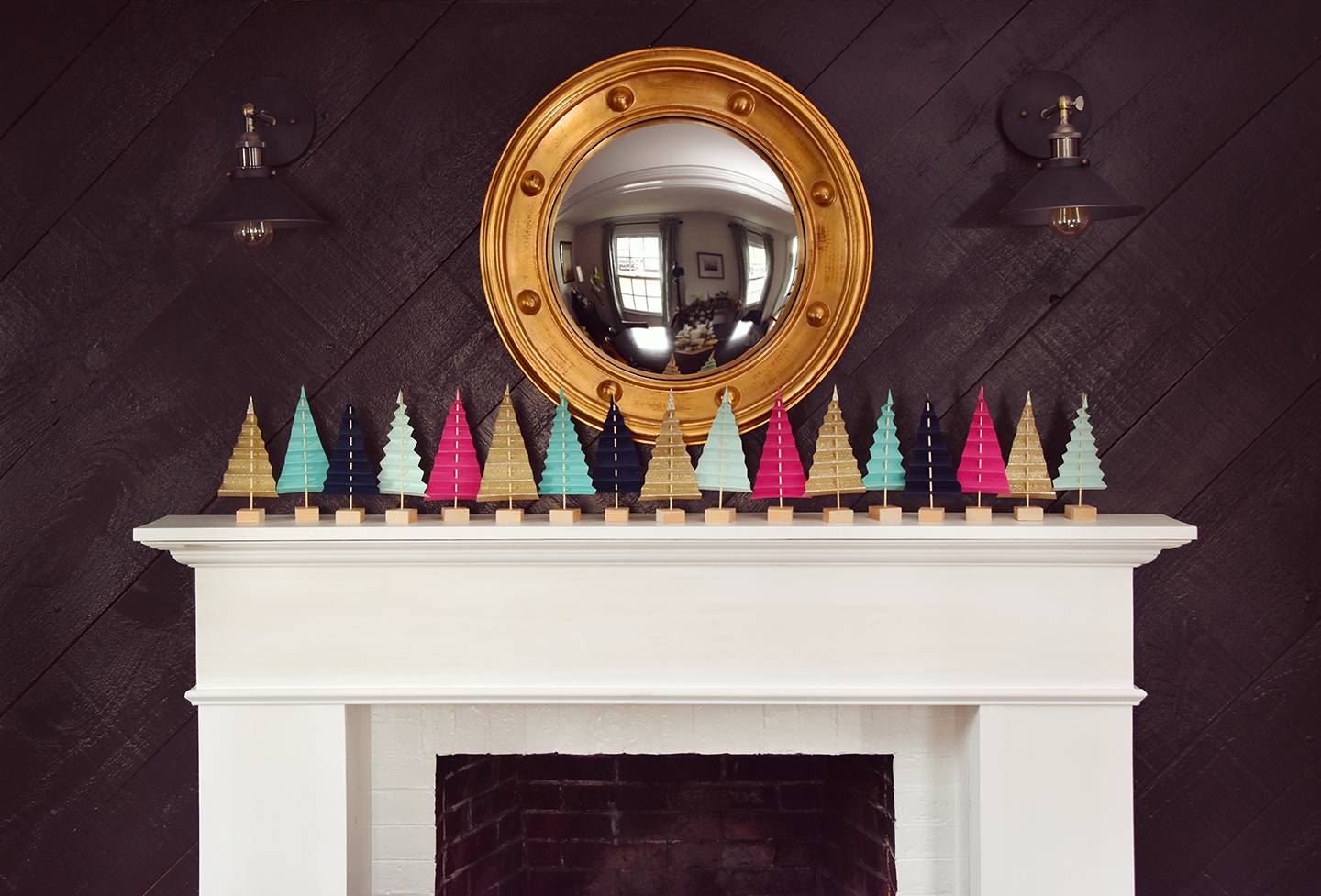 Easy Mantel Idea: Colorful Paper Tree Forest | By Curbly #diy #paper #christmas