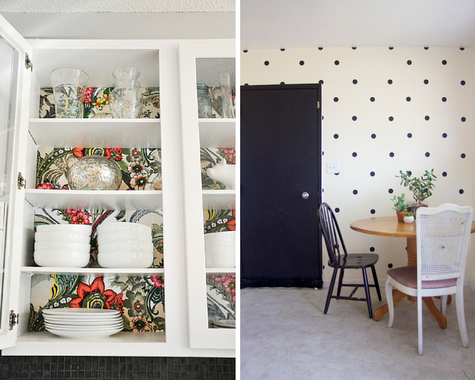 On the left a cupboard filled with dishes has a colorful orange and green abstract background and on the right a dining room with black polkadots on the wallpaper.