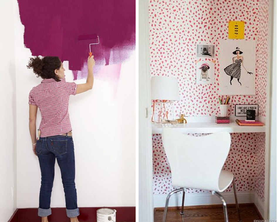 A woman is painting the walls of a room purple.