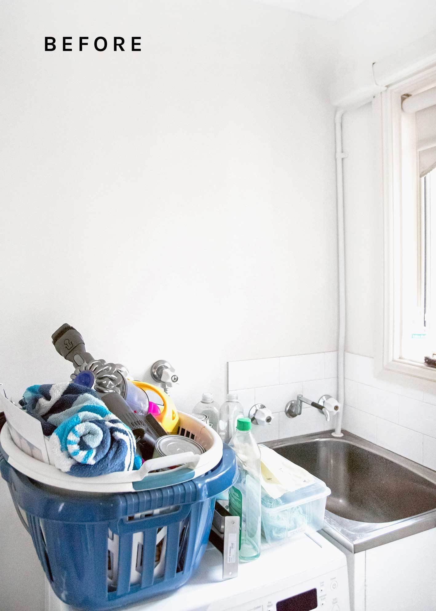 Before we applied laundry room storage ideas to our cluttered utility room