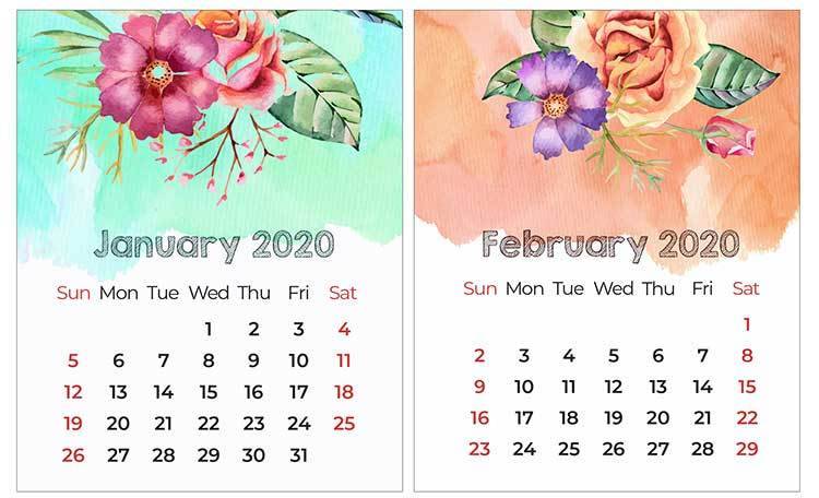 Bright saturated printable calendar template