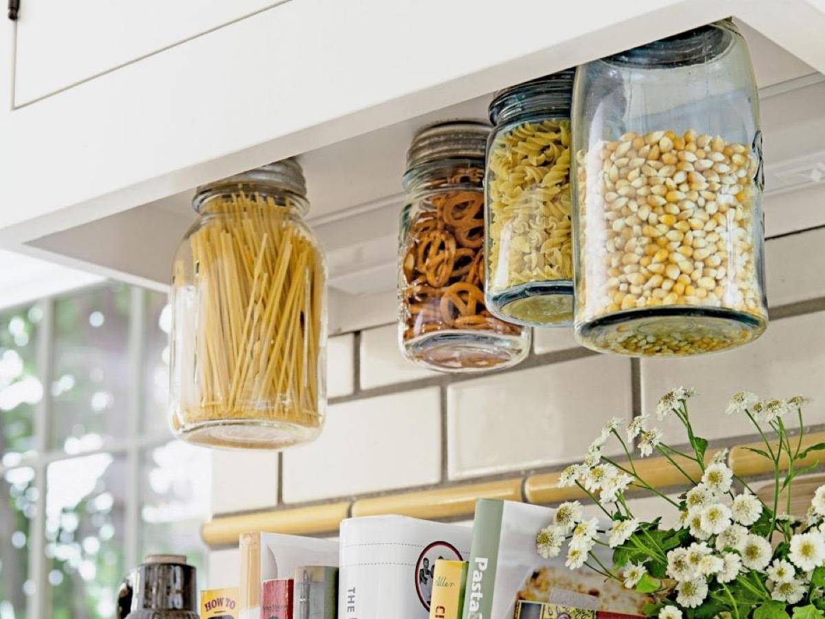 Airtight containers above the countertop | 72 Organization Tips and Projects for Every Space in Your Home 