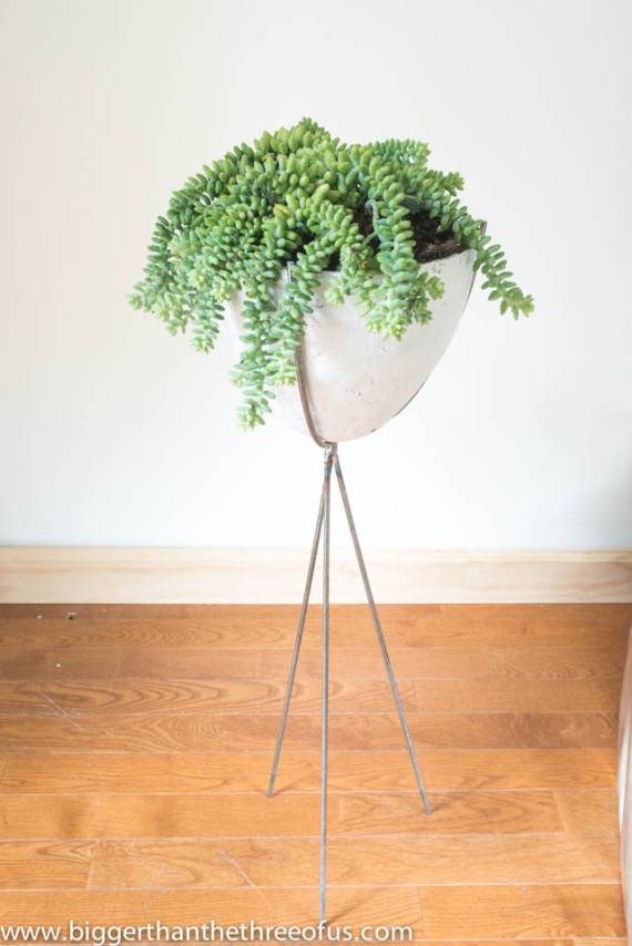 A fern plant in a white planter atop a three legged thin metal stand on a wooden floor.