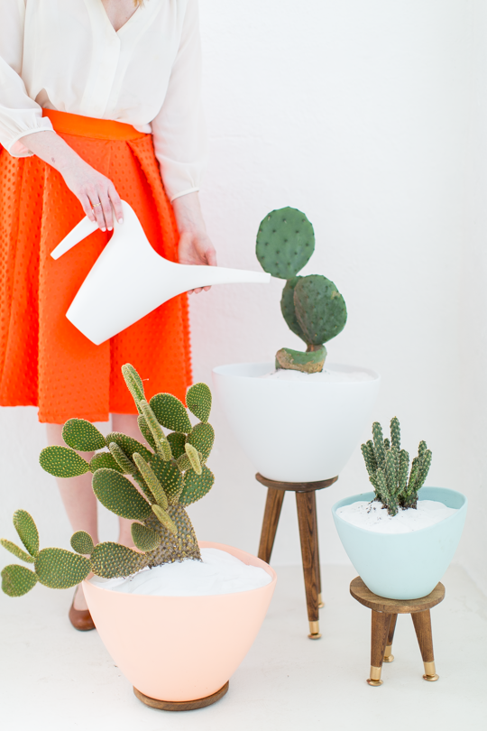 A woman in an orange skirt waters cactus in a white planter on a brown stool with a white watering can behind two other planters containing cactus.