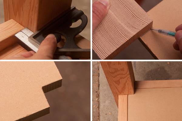 Four pictures show different stages of wood cutting.
