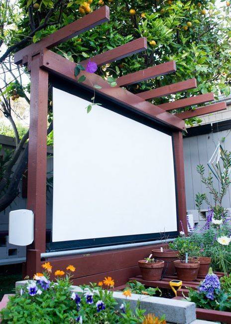 A backyard screen to show movies on, surrounded by flowers.